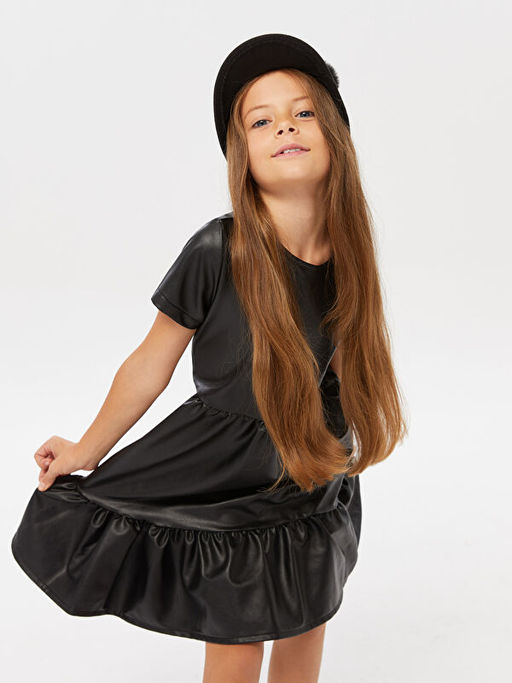 Bisiklet Yaka Basic K?sa Kollu Deri G?r?n?ml? K?z ?ocuk Elbise - Waikiki фото 3