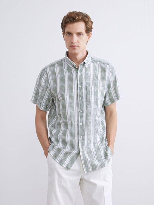 Regular Fit K?sa Kollu ?izgili Poplin Erkek G?mlek