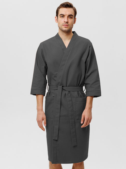 Мужской укороченный вафельный халат с планкой темно-серый В-05 (32)