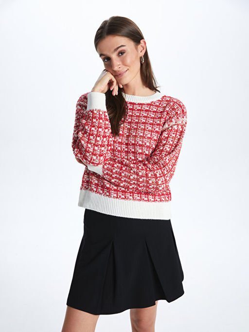 Bisiklet Yaka Desenli Uzun Kollu Kad?n Triko Kazak