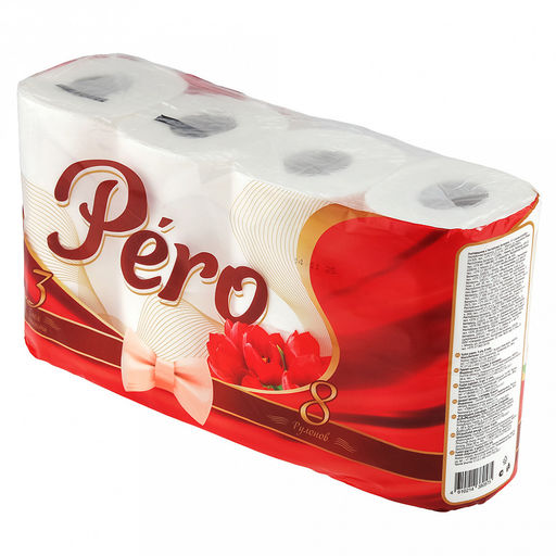 Туалетная бумага 3-х слойная "Pero Tulip", 8 рулона в упаковке, отрывной лист, белый (Россия)