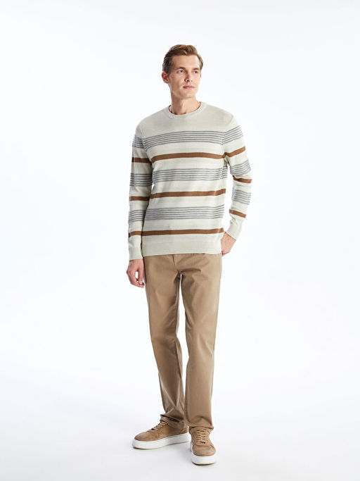 Bisiklet Yaka Uzun Kollu ?izgili Erkek Triko Kazak