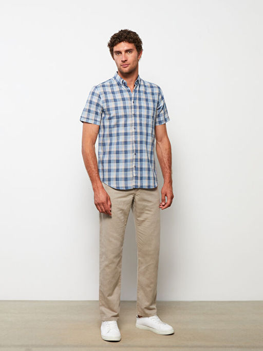 Regular Fit K?sa Kollu Ekose Poplin Erkek G?mlek