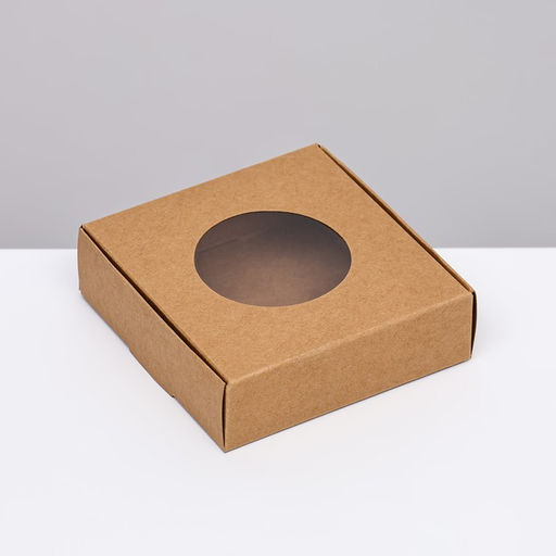 Цена за 5 шт. Коробка самосборная, крафт, с круглым окном, 10×10×3 см