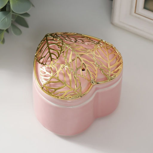 Шкатулка для украшений Сердце с листьями, для мелочи, керамика, металл розовая, 9?8.5?7.2 см