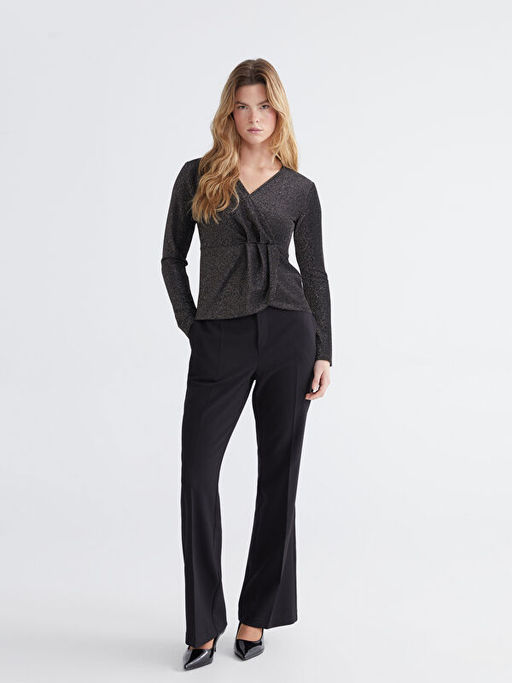 Kruvaze Yaka Parlak G?r?n?ml? B?zg?l? Bluz