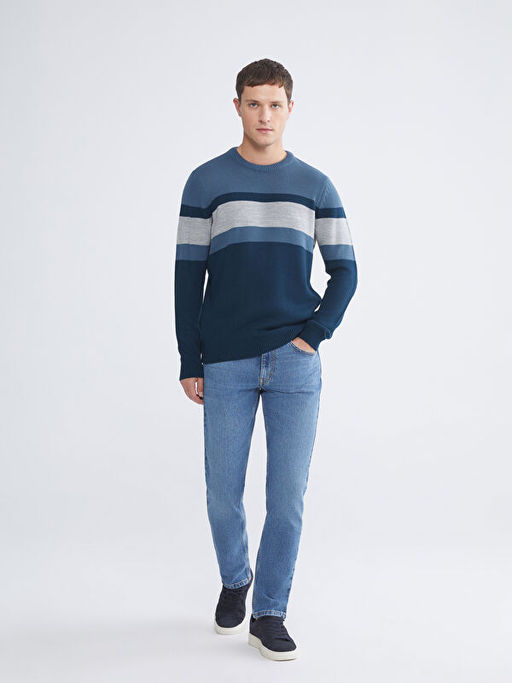 Bisiklet Yaka Uzun Kollu Renk Bloklu Erkek Triko Kazak