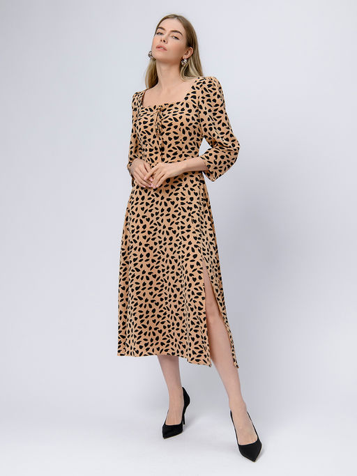 Платье цвета мокко с принтом длины миди и вырезом каре - 1001dress фото 2