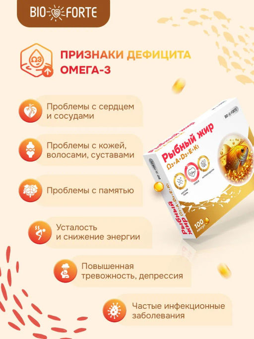 Рыбный жир с витаминами А, D, Е, К 100 капсул BioForte