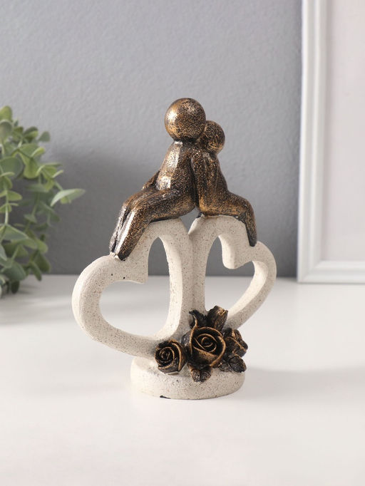Фигурка полистоун Пара на каменных сердцах с розами, под бронзу, 7.5?15.3?18 см