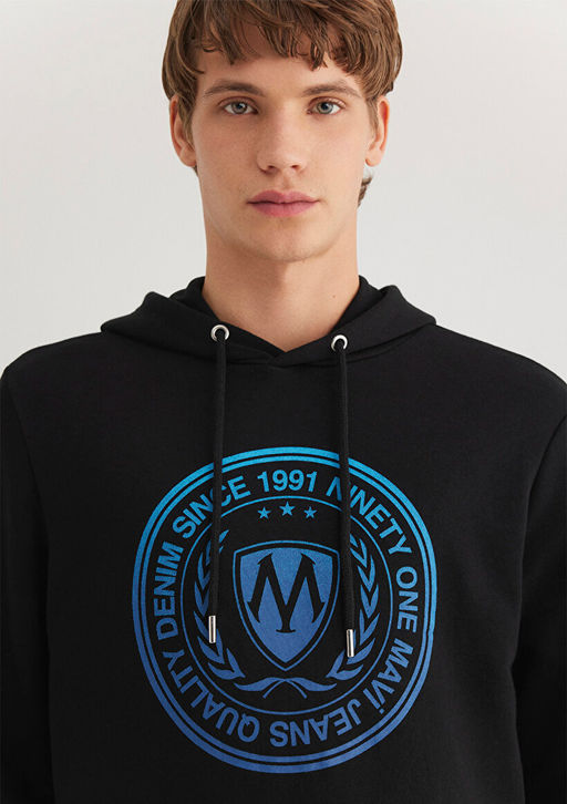 Muhur Logo Bask?l? Kapusonlu Siyah Sweatshirt - Mavi фото 6