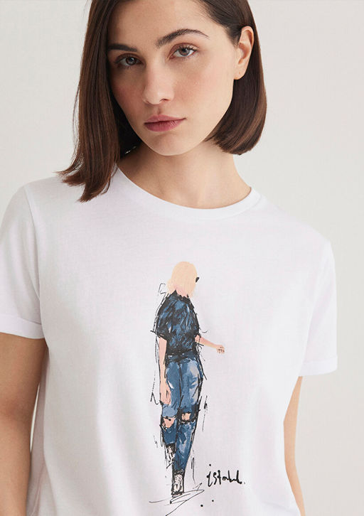 Denim K?z Bask?l? Beyaz Istanbul Tisort - Mavi фото 2