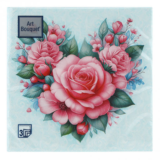 Салфетки бумажные Art Bouquet 33х33см, 3-х слойные, 20 штук в упаковке, 100% целлюлоза, Сердце из роз (Россия) фото 2