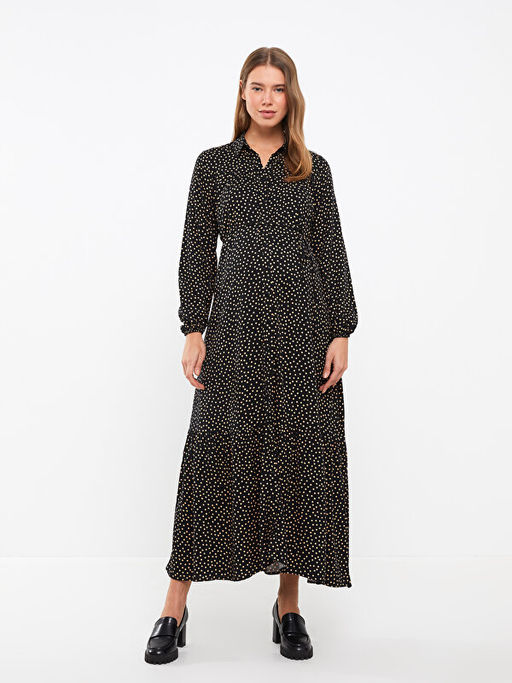 G?mlek Yaka Puantiyeli Uzun Kollu Viskon Hamile Elbise