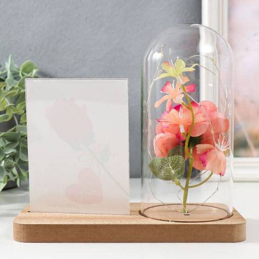 Фоторамка для фото 9×13 см с подсветкой «Розовая роза в колбе», от батареек 2×LR1130, 9.8×19.5×18 см