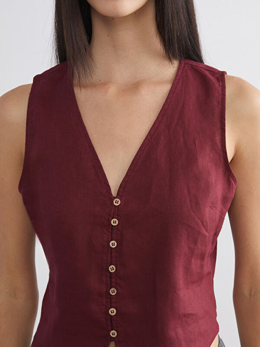 V Yaka %100 Keten Kad?n Klasik Yelek