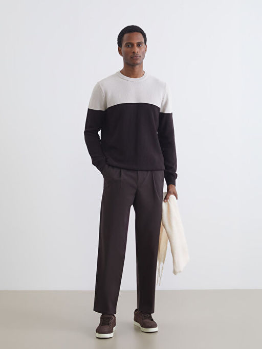 Bisiklet Yaka Renk Bloklu Erkek Triko Kazak