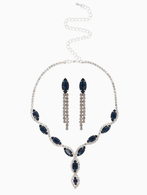 Набор 2 пред-а: серьги, колье "Вечерний шик" лепестки, цвет бело-тёмно-синий в серебре