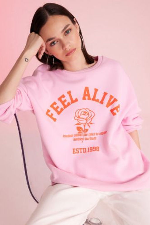 Oversize Genis Kal?p Bisiklet Yaka Bask?l? Kal?n Sweatshirt
