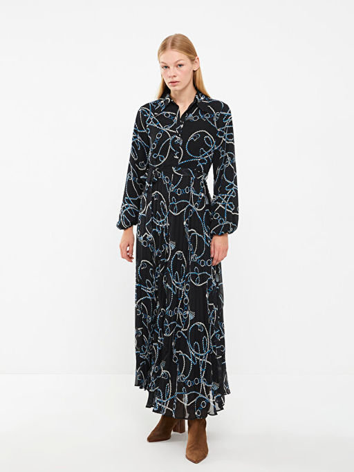 Desenli Uzun Kollu ?ifon Kad?n G?mlek Elbise