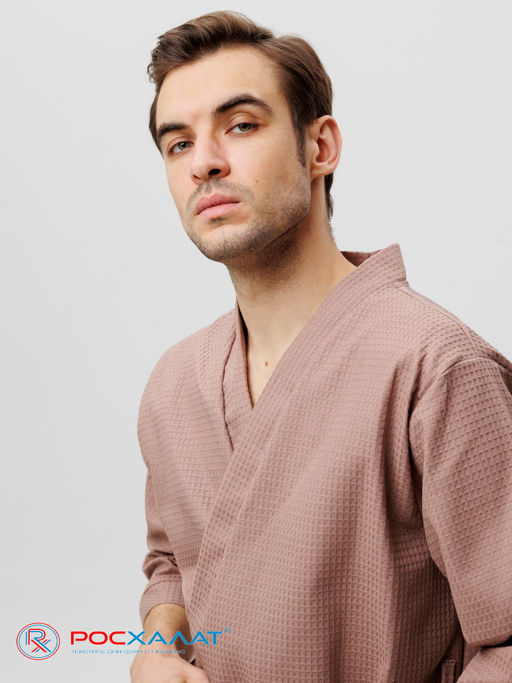 Мужской укороченный вафельный халат с планкой коричневый В-05 (21)