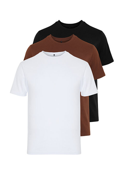 Unisex Siyah-Kahverengi-Beyaz Slim Kesim Bisiklet Yaka %100 Pamuk 3l_ Paket T-Shirt TMNSS19BO0007 - Trendyolmilla фото 2