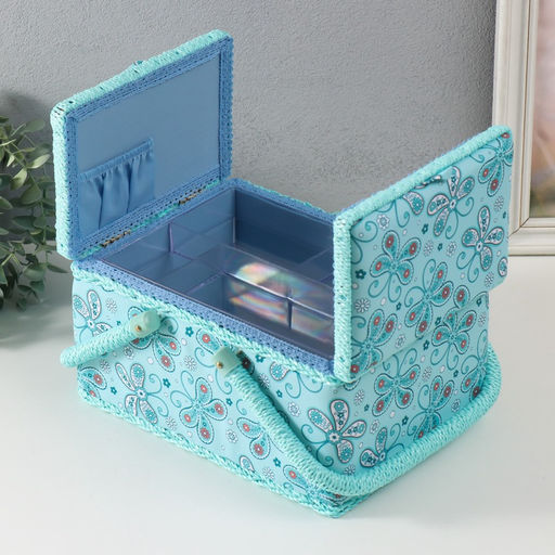 Шкатулка для рукоделия и шитья Бабочки и цветочки на голубом, хранение ниток, иголок, мелочи, 19?26?14.5 см