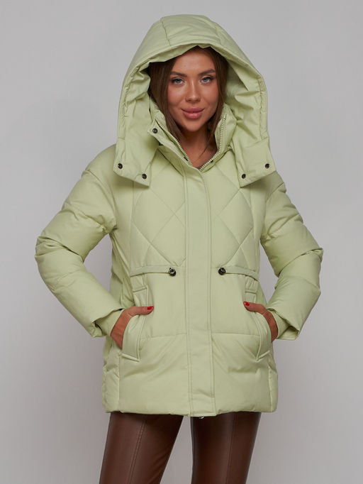 Зимняя женская куртка модная с капюшоном салатового цвета 52302Sl