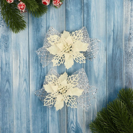 Цена за 2 шт. Ёлочные игрушки 2 шт. Зимнее волшебство. Бантик с цветком пластик, 119 см, белый фото 3