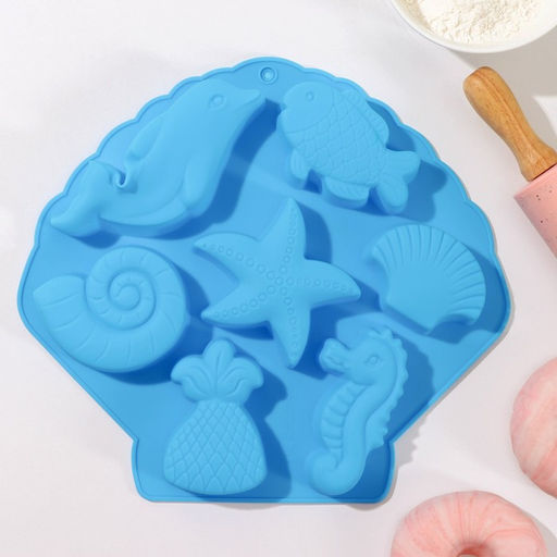 Форма для выпечки Доляна «Морские обитатели», силикон, 26×24×2.5 см, 7 ячеек, бирюзовая