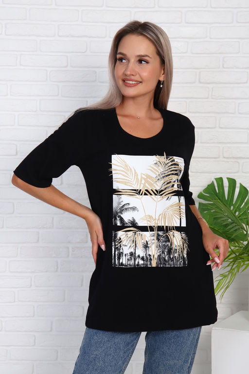 Футболка удлиненная с рисунком листья пальмы, Арт. 786