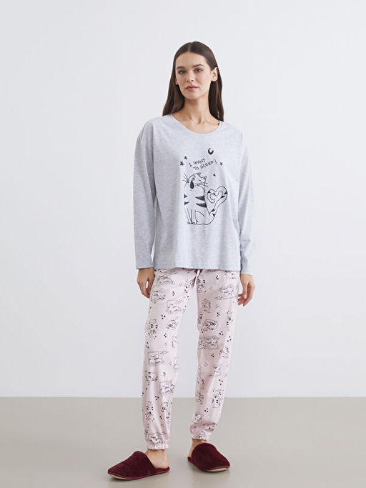 Kedi Bask?l? Kad?n Pijama Tak?m?