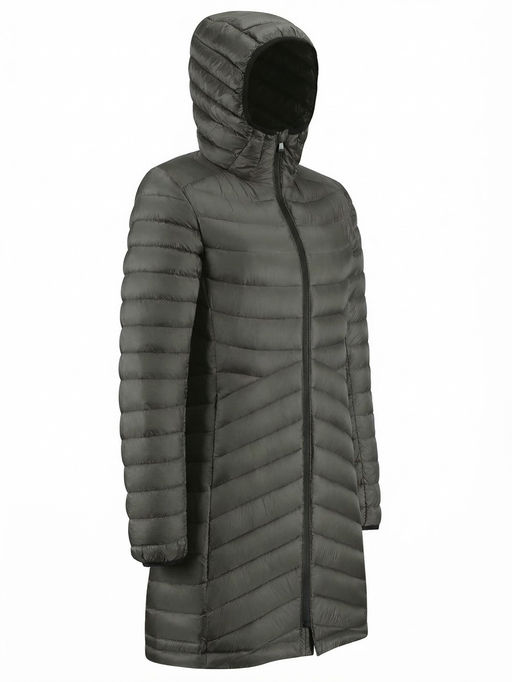 Куртка женская удлинённая стёганая с капюшоном и графеновой подкладкой цвета хаки 9628_1Kh