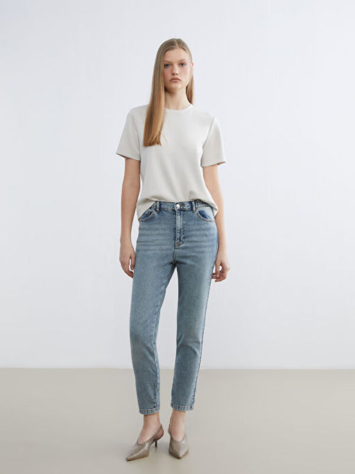 Beli Lastikli Mom Fit Kad?n Jean Pantolon