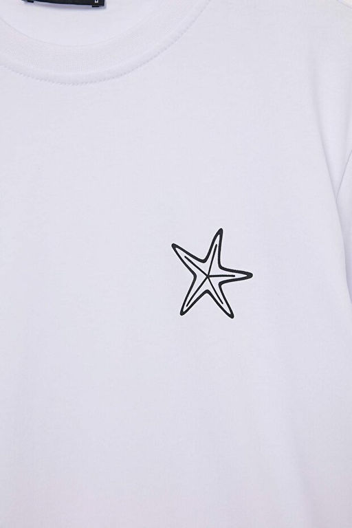 Beyaz Slim Fit Y_ld_z Bask_l_ %100 Pamuk T-Shirt TMNSS26TS00089 - Trendyolmilla фото 2