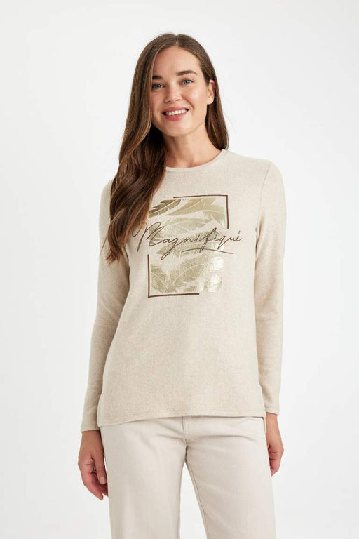 Женская футболка свободного кроя с круглым вырезом и ярким принтом с длинными рукавами - Defacto фото 4