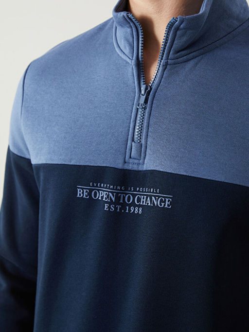 Dik Yaka Uzun Kollu Renk Bloklu Erkek Sweatshirt