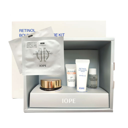 Набор лучших антивозрастных миниатюр IOPE Retinol Bouncy Skin-care Kit 5 itms, Cream Rich 14ml+Serum 10ml+Sun Protector 10ml+Essence Foam 18ml+Peel Pad 3.5ml*2шт