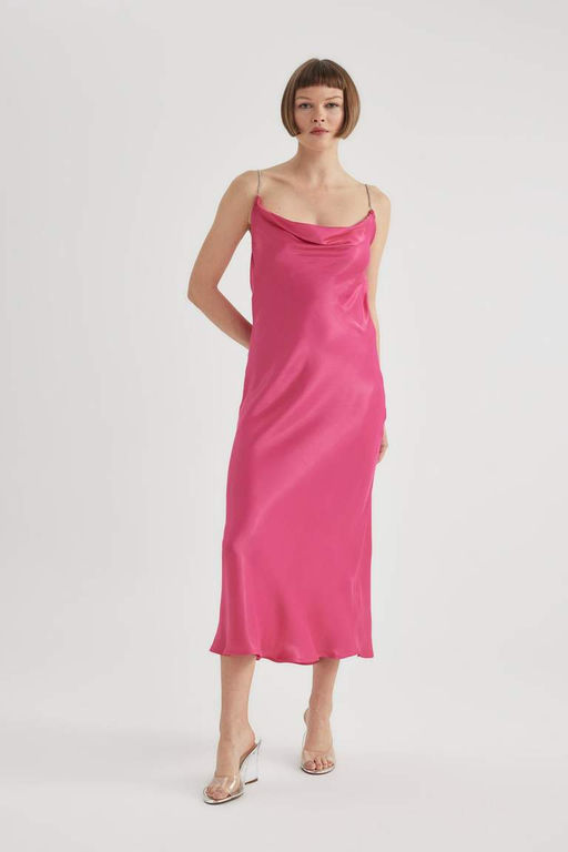 Атласное платье миди Bodycon с круглым вырезом и короткими рукавами - Defacto фото 5