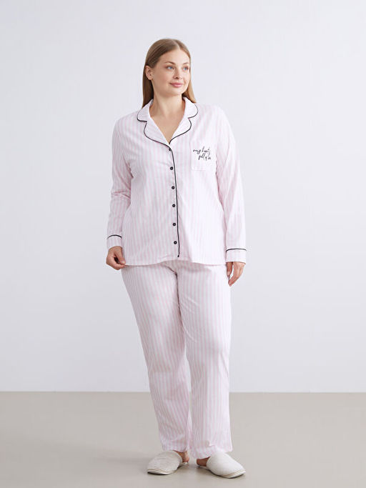 G?mlek Yaka ?izgili Kad?n Pijama Tak?m?