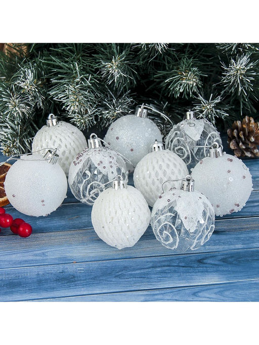 Ёлочные игрушки Снежная изморозь, шары пластиковые, d=6 см, набор 9 шт., белый - Зимнее волшебство фото 8