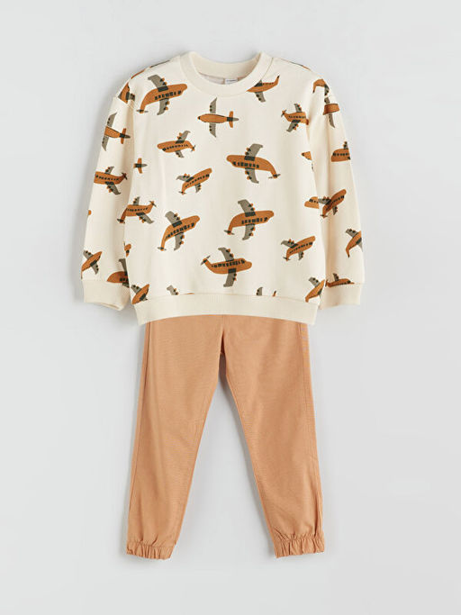 Bisiklet Yaka Bask?l? Erkek ?ocuk Sweatshirt ve E?ofman Alt 2li