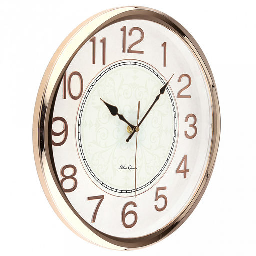 Часы настенные "Мираж" д35см, h5,2см, мягкий ход, циферблат "Вензель" белый/перламутровый; цифры арабские, розовое золото; корпус пластик, золотой/прозрачный; в коробке (Китай)
