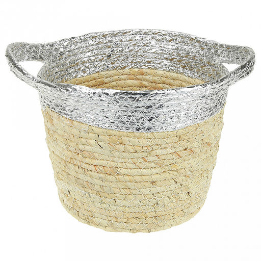 Корзина плетеная, интерьерная "Металлик" набор 3 штуки: д30см h27см; д26см h23см; д22см h20см, с ручками, серебро, ручная работа (Китай)