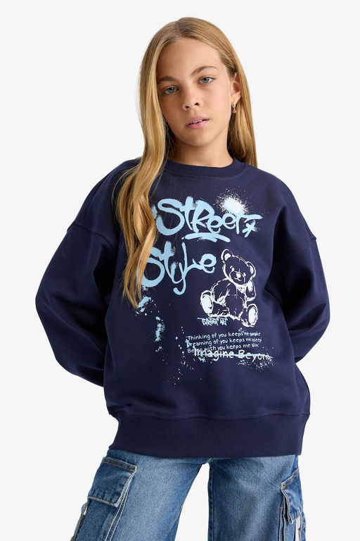 Oversize Geni_ Kal_p Bisiklet Yaka Bask_l_ Sweatshirt K_z _ocuk - Defacto фото 3