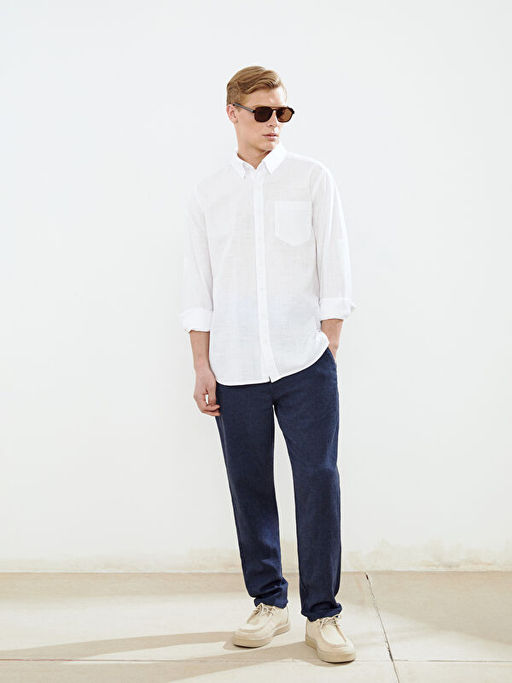 Regular Fit Uzun Kollu Keten Kar???ml? Erkek G?mlek