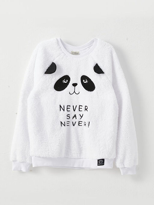 Bisiklet Yaka Nak??l? Uzun Kollu Pel?? K?z ?ocuk Sweatshirt