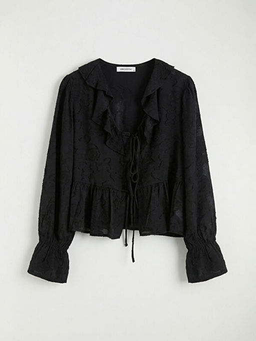 V Yaka Desenli F?rf?rl? Bluz