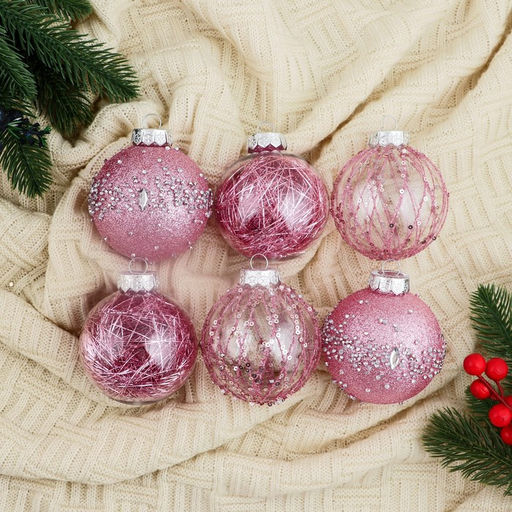 Ёлочные игрушки Жаклин, шары новогодние, d=8 см, набор 6 шт., розовый