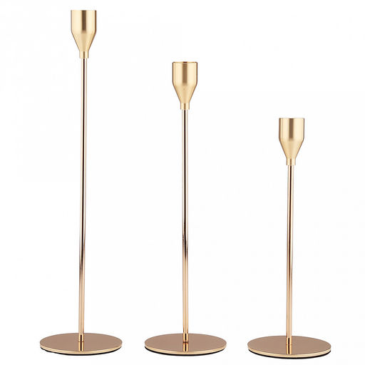 Подсвечник металлический "Аскет" набор 3 штуки: h32,2см, h27,5см, h22,5см; чаша д2,4см, h4см, отвинчивающаяся, нескользящее основание д8см, золотой, в коробке (Китай)